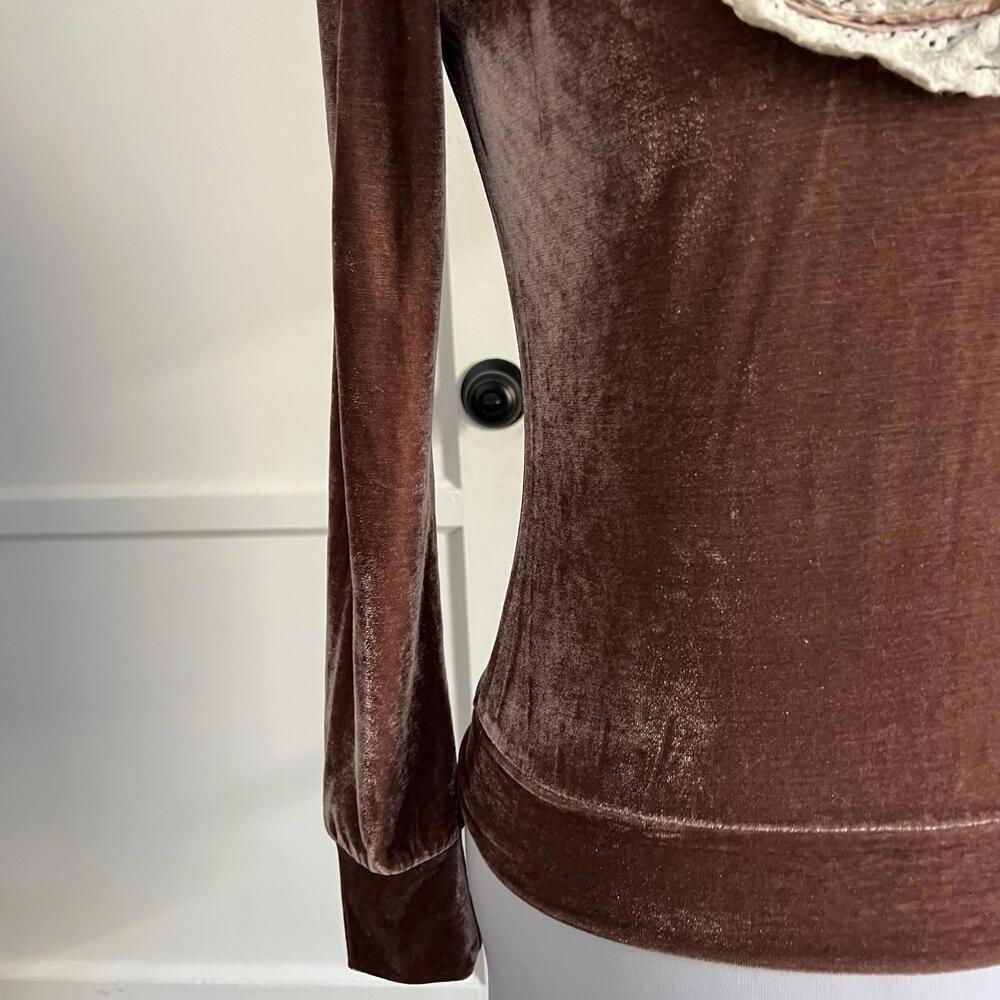 Vintage La Vie en Rose Victorian Velvet Blouse Brown Lace Collar High Neck Goth - Picture 4 of 8